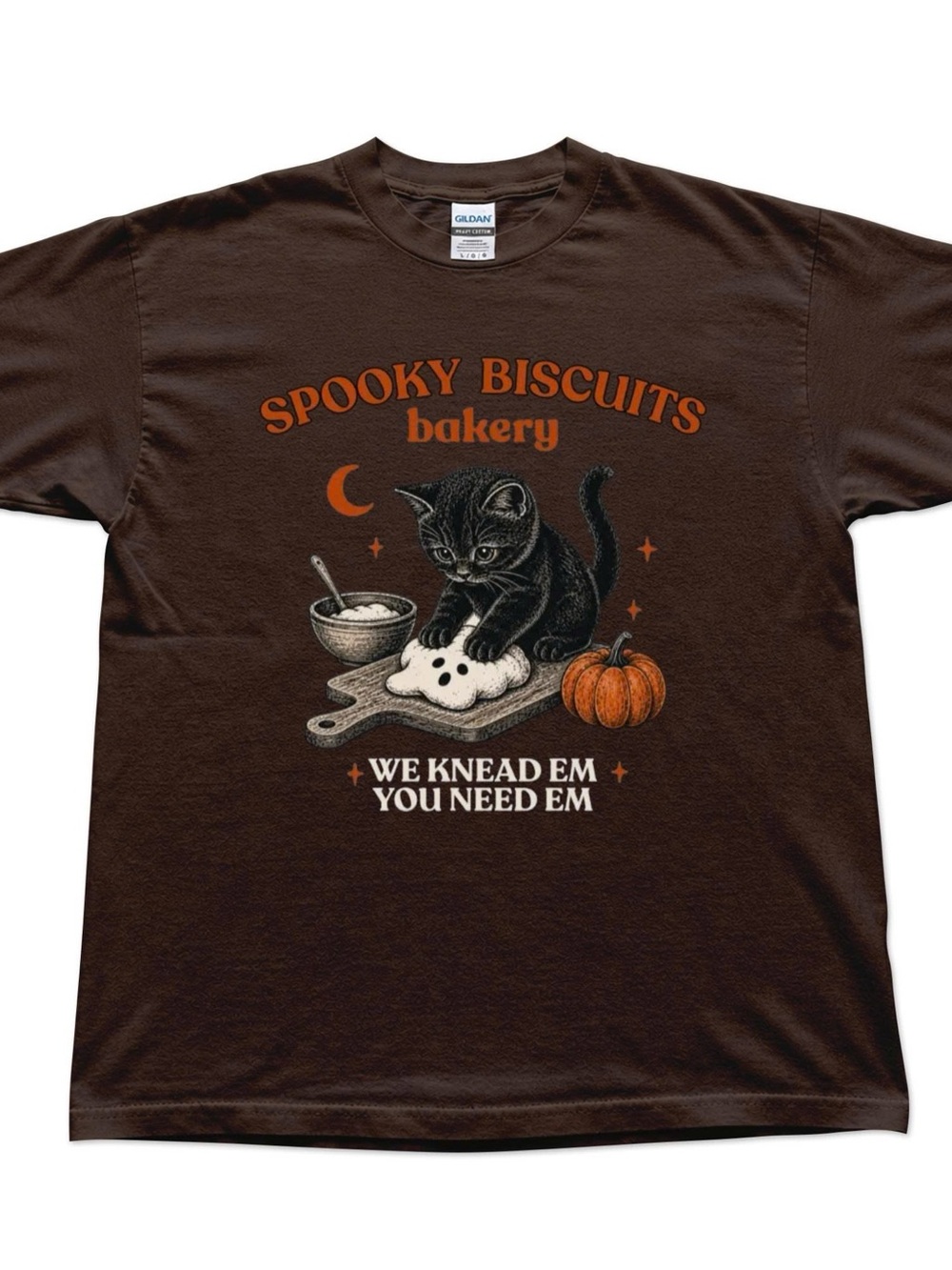 Gildan Brown Tee with Black Kitten and Orange Pumpkin Spooky Biscuits Halloween